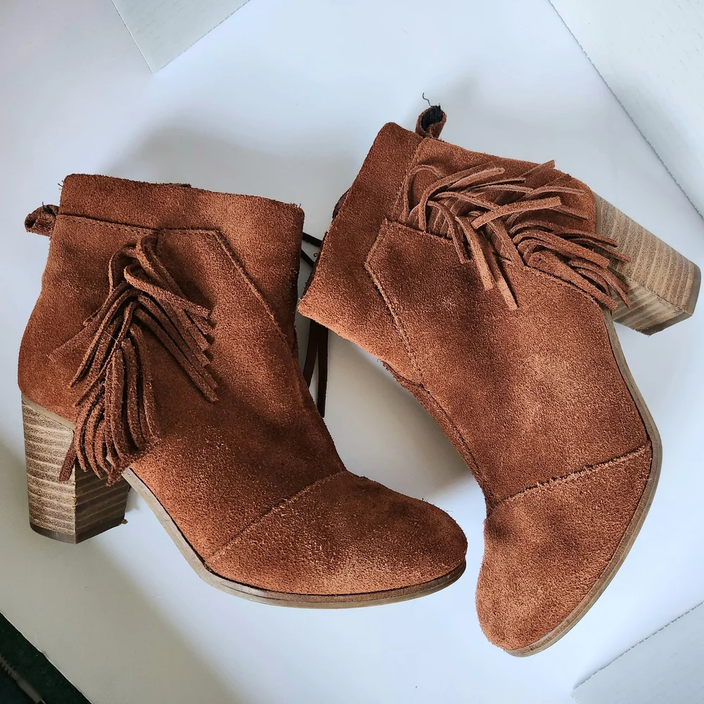 Toms Fringe Suede Ankle Boots - Brown Rust Pumpkin Womens 7.5